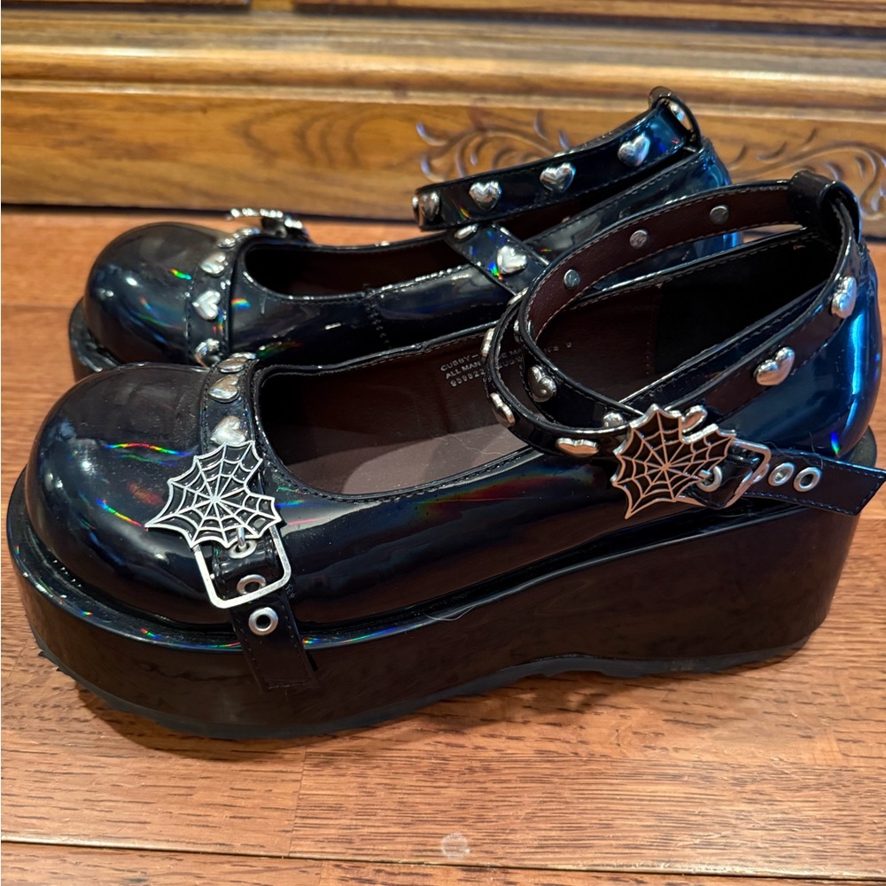 Black Platform Mary Janes Shoes with Spider Web Detail - Picture 3 of 10